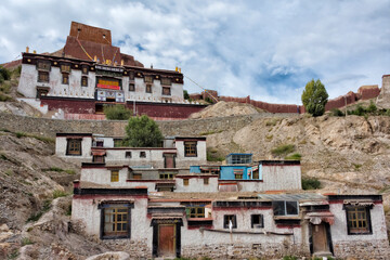 Tibet houses with Gyantse Fortress above, Gyantse County, Tibet, China