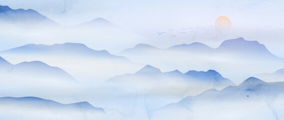 Watercolor art background with mountains and hills in the fog in blue tones. Landscape banner in oriental style for interior design, wallpaper, print