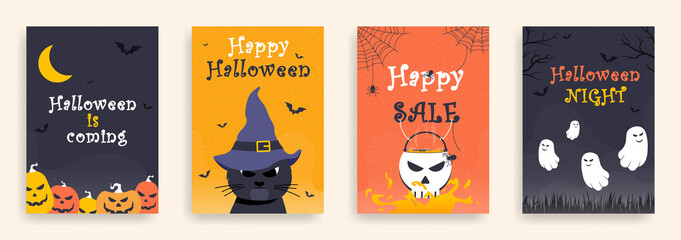 Happy Halloween party posters set. Place for text. Cute black cat in a witch hat. Scary pumpkin and spiders web. Ghost. A4 Vector illustration for poster, banner, special offer, invitation.
