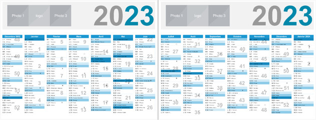 Calendrier français 2023 14 mois au format 320 x 420 mm recto verso entièrement modifiable via calques - obrazy, fototapety, plakaty