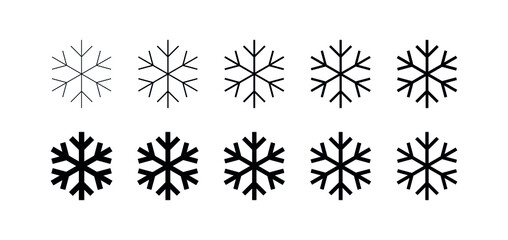 Set of snowflakes, linear icons of different thickness. New Year and Christmas attribute. Weather element. The symbol of cold, snow, winter and frost. Isolated abstract vector illustration.