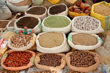 Assorted spices sold at an open market at the village fair, known as 'Haat', Nagpur, Maharashtra,...
