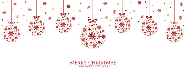  Christmas background with hanging decorations banner and Merry Christmas greeting.