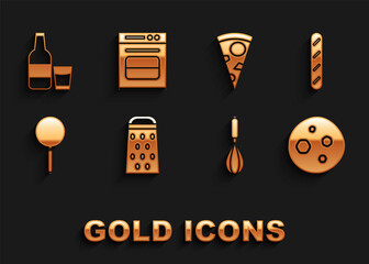 Set Grater, French baguette bread, Cookie or biscuit with chocolate, Kitchen whisk, Frying pan, Slice of pizza, Glass bottle milk and glass and Oven icon. Vector