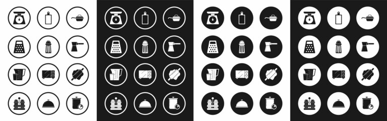 Set Frying pan, Salt, Grater, Scales, Coffee turk, Cutting board, Rolling pin and Measuring cup icon. Vector