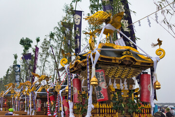 Parade carrying portable Shinto shrines celebrating Hamaorisai Festival, Chigasaki, Kanagawa Prefecture, Japan