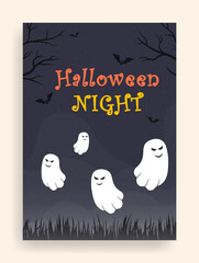Happy Halloween banner with stars, clouds, bats, ghost and trees. Halloween poster designs with symbols and calligraphy.