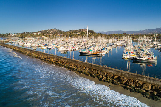 Aerial view of Santa Barbara Harbor and Breakwater, Santa Barbara, California