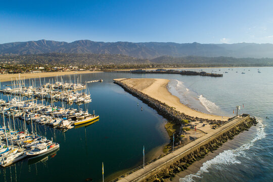 Aerial view of Santa Barbara Harbor and Breakwater, Santa Barbara, California