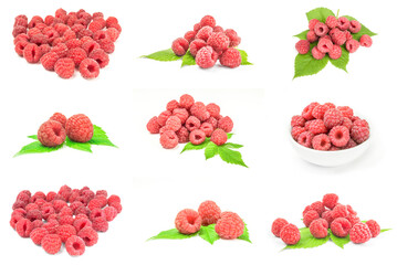 Group of raspberries with leaves on white