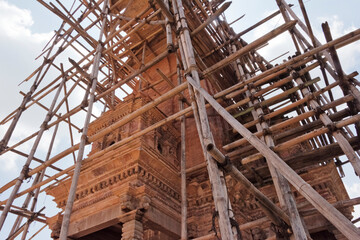 Temple being rebuilt after the 2015 earthquake, Bhaktapur Durbar Square, UNESCO World Heritage site, Bhaktapur, Nepal