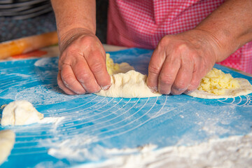mom makes a lot of pies out of dough. High quality photo