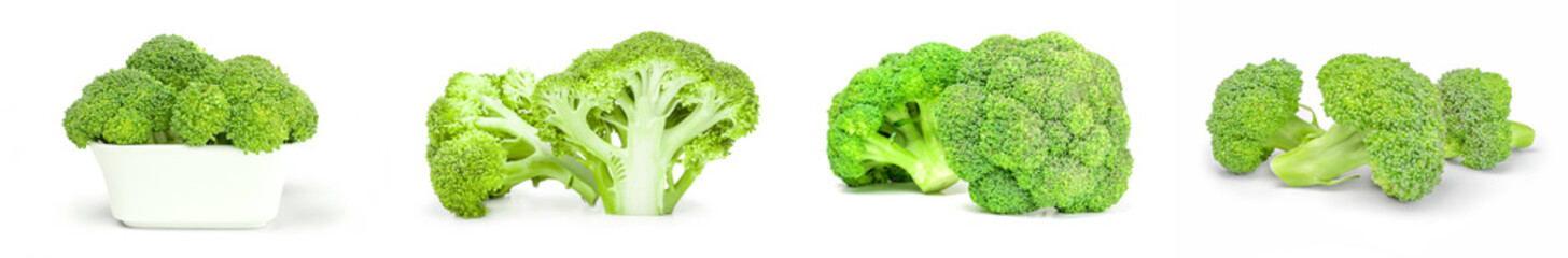 Collage of broccoli floret isolated over a white background