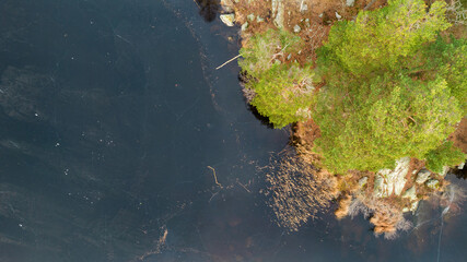 Beautiful Scandinavian landscape photographed with a drone on a sunny late autumn or winter day. Island with evergreen trees in the middle of frozen lake.