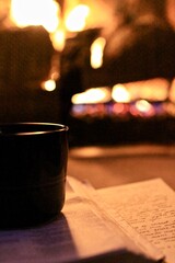 cozy fire, book, and coffee