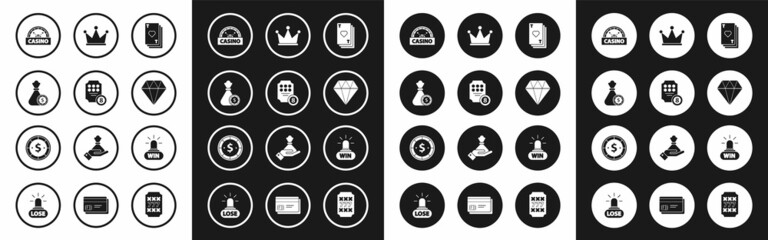 Fototapeta premium Set Playing card with heart, Online slot machine, Money bag and casino chips, Casino signboard, Diamond, Crown, win and dollar icon. Vector