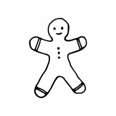Winter related vector line icon in doodle style. Vector illustration gingerbread man on a white background.
