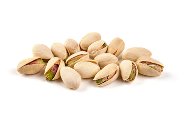 Pistachio nuts, isolated on white background. Close-up.