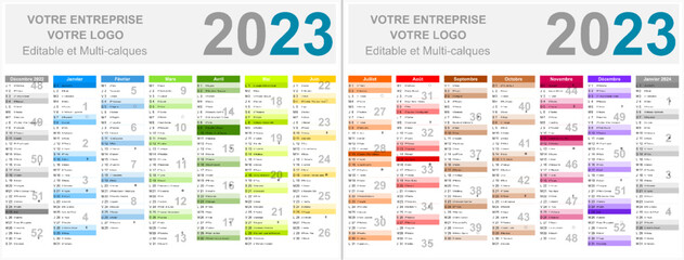 Calendrier français 2023 14 mois au format 320 x 420 mm recto verso entièrement modifiable via calques - obrazy, fototapety, plakaty