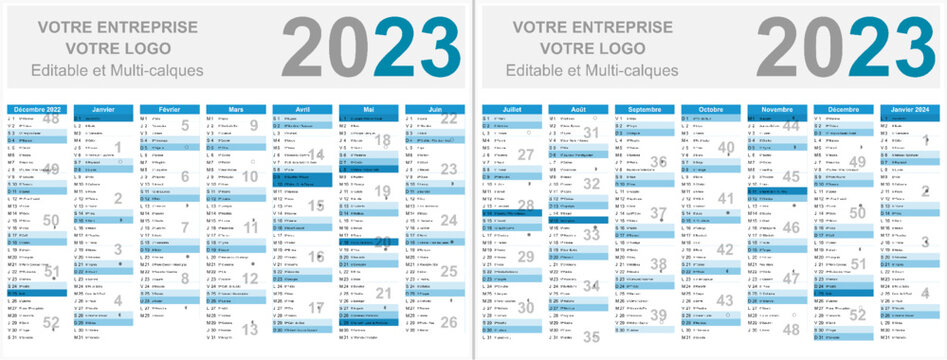 Calendrier français 2023 14 mois au format 320 x 420 mm recto verso entièrement modifiable via calques