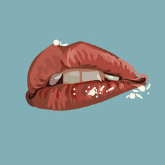 Digital illustration. Female lips on a blue background