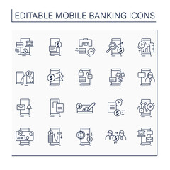 Mobile banking service line icons. set Consists of email alert, p2p payment, lock, unlock card, loans apply etc. Online banking concept. Isolated vector illustrations.Editable stroke