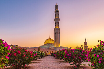 Middle East, Arabian Peninsula, Oman, Muscat. Sunset view of the Sultan Qaboos Grand Mosque in Bawshar.