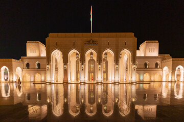 Middle East, Arabian Peninsula, Oman, Muscat. Night view of the Royal Opera House.