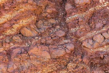 Middle East, Arabian Peninsula, Oman, Al Batinah South, Rustaq. Layered rock strata in the mountains of Oman.