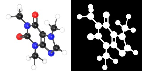3D rendering illustration of a caffeine molecule