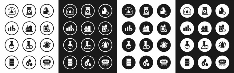 Fototapeta premium Set Antifreeze canister, Oil and gas industrial factory building, Pie chart infographic dollar, Motor gauge, drop and Test tube flask icon. Vector
