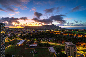 Morning Sunrise behind Diamond Head crater with Koko Head in Honolulu, Oahu