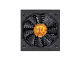 Cryptocurrency mining. Bitcoin coin on a computer graphics card component. Cryptocurrency.