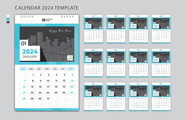 Calendar 2024 design template, wall calendar 2024 year, Week Starts on Monday, Set of 12 Months, Desk calendar, planner simple, poster, printing, advertisement, vertical page, Blue background. vector