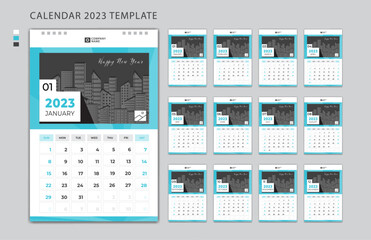 Calendar 2023 design template, wall calendar 2023 year, Week Starts on Monday, Set of 12 Months, Desk calendar, planner simple, poster, printing, advertisement, vertical page, Blue background. vector - obrazy, fototapety, plakaty