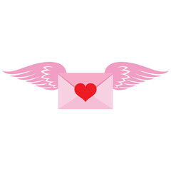 Illustration Valentine's Day. Pink envelope with heart and wings on a white background.