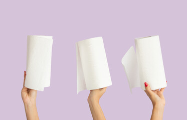 woman hands hold different kinds of napkin and paper towels