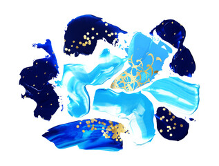 Blue and golden glitter acrylic swash on white background. Paint smear poster composition