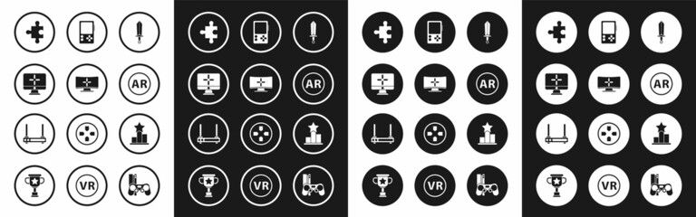 Fototapeta premium Set Sword for game, Computer monitor, Piece of puzzle, Ar, augmented reality, Portable video console, Star and Router and wi-fi signal icon. Vector
