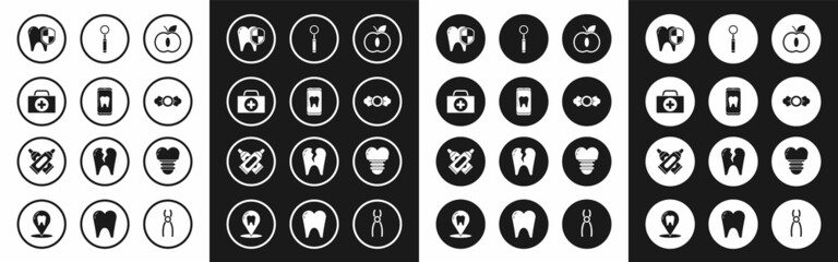 Set Apple, Online dental care, First aid kit, Dental protection, Candy, inspection mirror, implant and Crossed tube of toothpaste icon. Vector