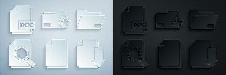 Set Document, folder, with search, download, star and DOC file document icon. Vector