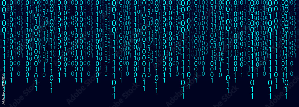 Poster Blue background of zeros and ones. Blue matrix. Falling numbers. Computer code. Binary backdrop. Vector illustration