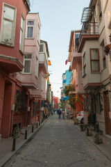 Fototapeta na wymiar Historical Balat street in Istanbul, Turkey. Traditional, colorful houses in Balat district of Fatih, Istanbul.