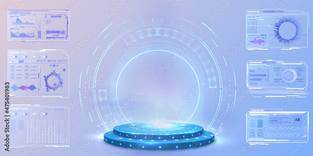 Leinwandbilder Abstract blue light effect background. Futuristic lab with 3D circle and HUD elements interface. Blank Hologram for show your product. Circle technology portal. Vector illustration