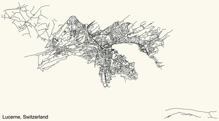 Detailed navigation urban street roads map on vintage beige background of the Swiss regional capital city of Lucerne-Luzern, Switzerland