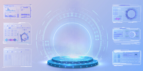 Abstract blue light effect background. Futuristic lab with 3D circle and HUD elements interface. Blank Hologram for show your product. Circle technology portal. Vector illustration