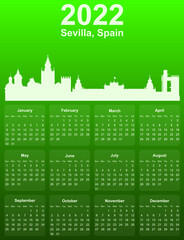 Green stylish 2022 year calendar with cityscape panorama of the city of Sevilla, Spain