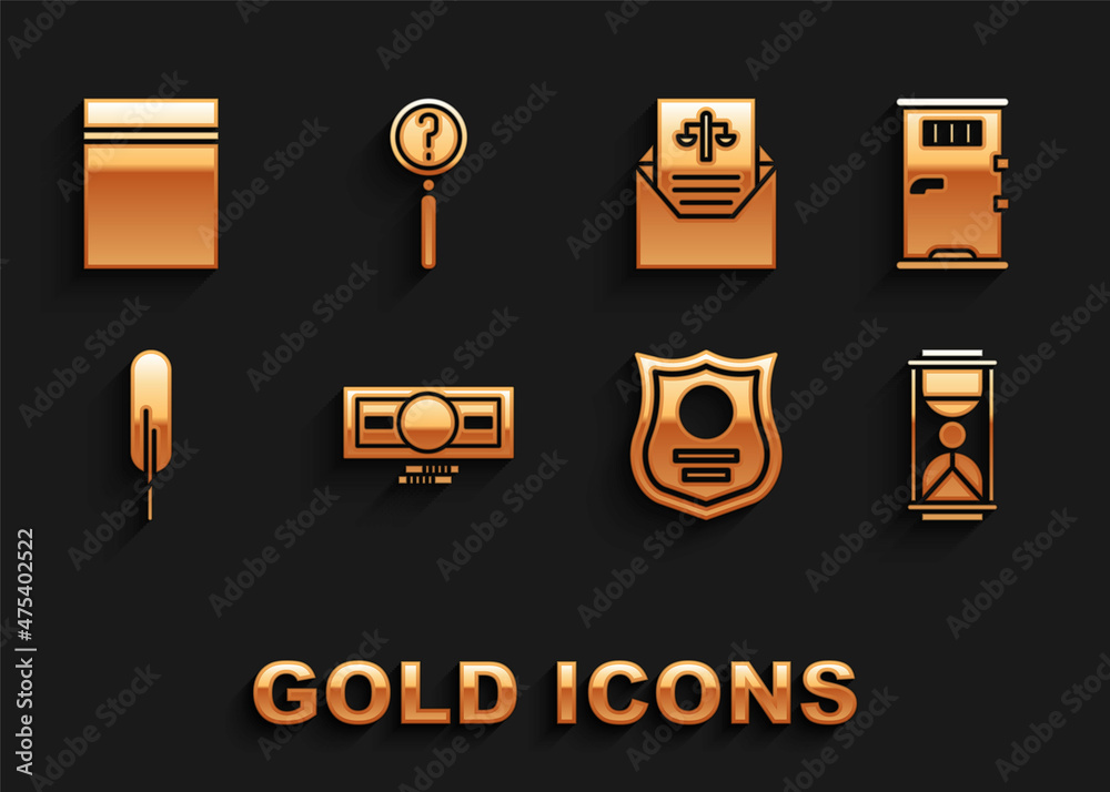 Sticker Set Stacks paper money cash, Prison cell door, Old hourglass with sand, Police badge, Feather pen, Subpoena, Plastic bag ziplock and Magnifying search icon. Vector