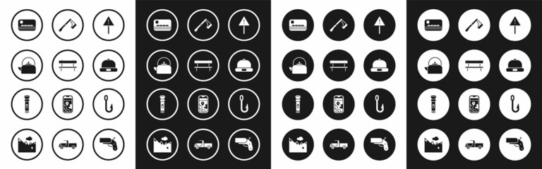Fototapeta premium Set Exclamation mark in triangle, Bench, Kettle with handle, Credit card, Beanie hat, Wooden axe, Fishing hook and Flashlight icon. Vector