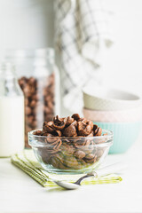 Sweet chocolate breakfast cereal flakes.